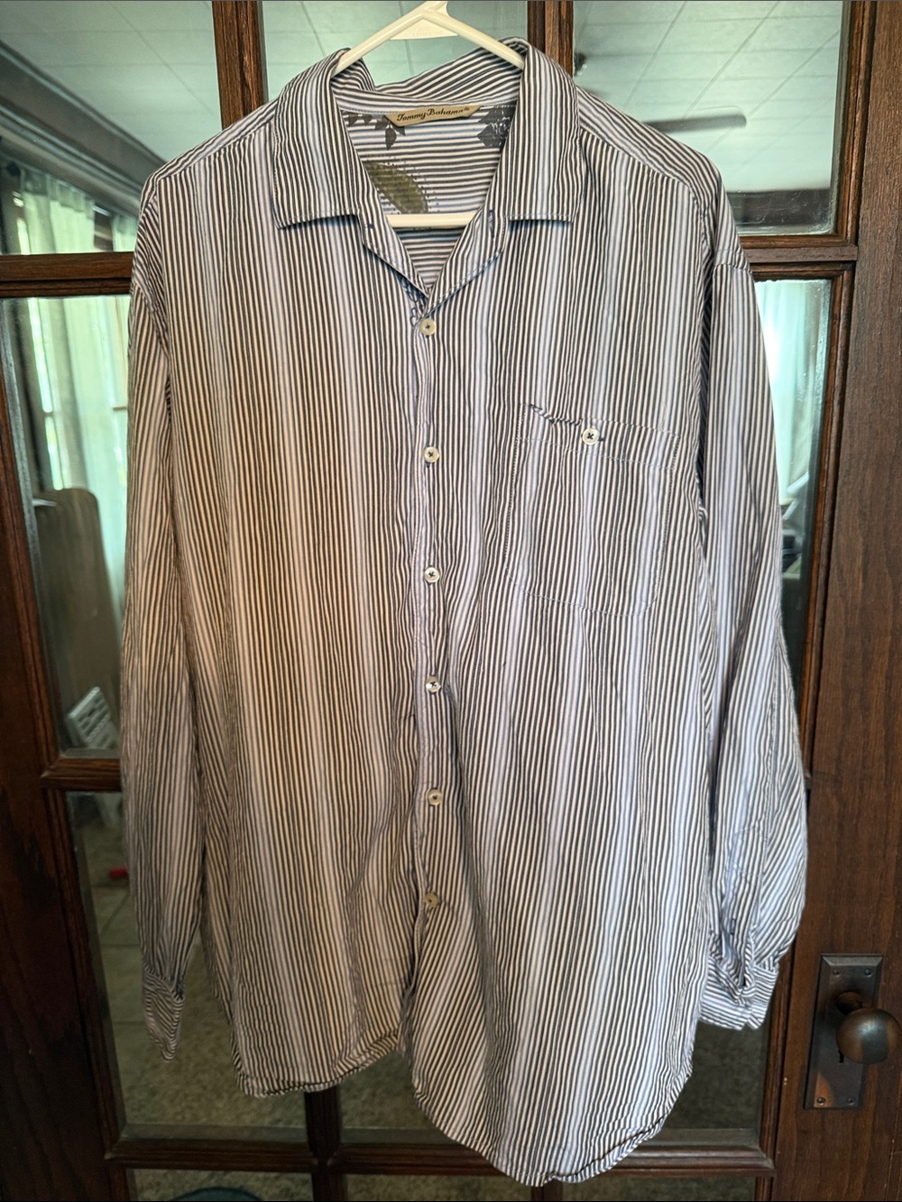 Tommy Bahama Men XL Silk Tencel Blue White Striped Long Sleeve Button Down Shirt